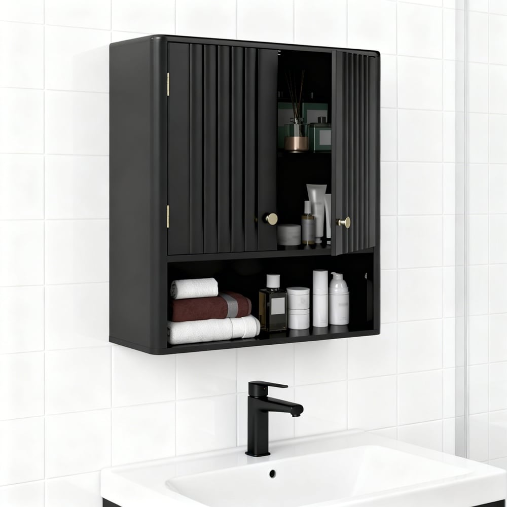 Fluted Bathroom Wall Cabinet With Open Shelf_voghion.com